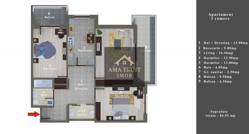 Bragadiru- langa McDonald's 3 Camere- mobilat- bloc nou 2022
